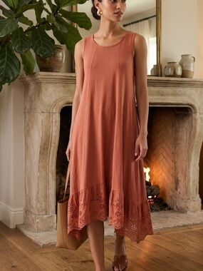 LOGO Lori Goldstein Rust Cotton Modal Tank Dress Eyelet Lace Hem Midi XL Boho